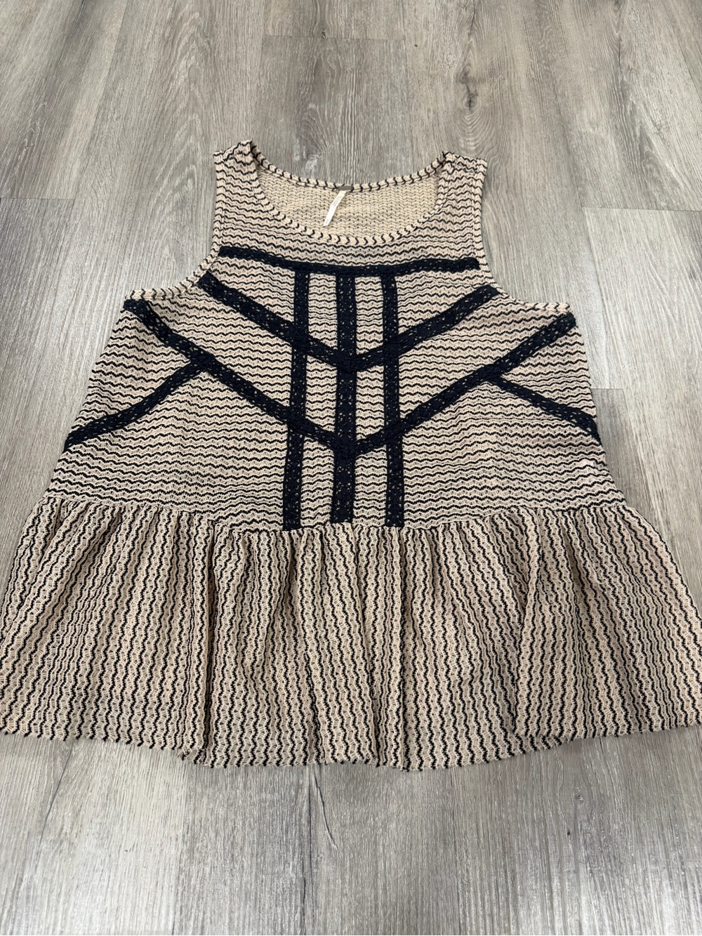 Free People Beige Tank Top with Black Crochet Geometric Trim